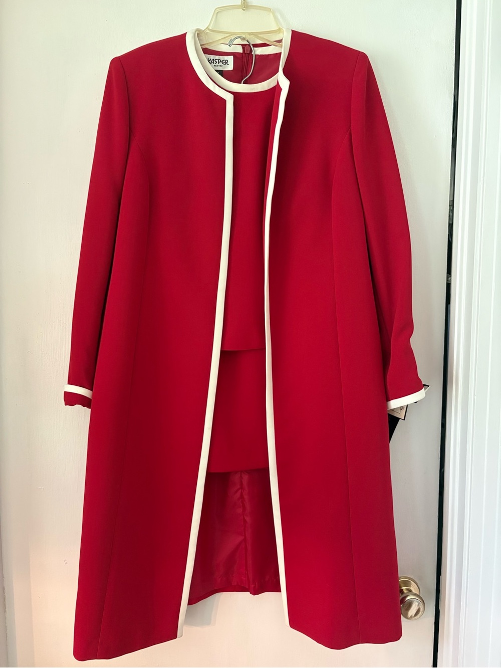 Kasper Red Coat with Ivory Trim 3 Piece Skirt/Top Coat Suit